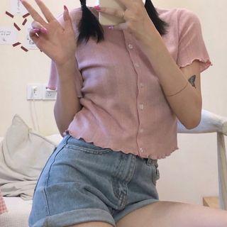 Short-sleeve Lettuce Edge Button-up Knit Top