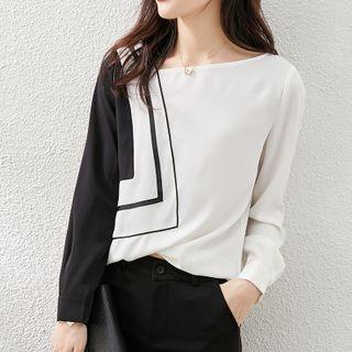 Asymmetrical Neck Two-tone Blouse