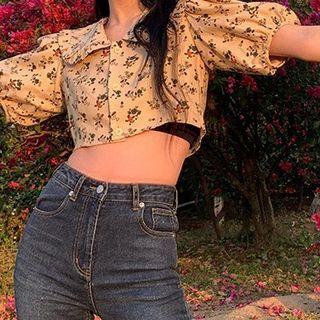 Short-sleeve Floral Print Cropped Blouse / Midi A-line Skirt