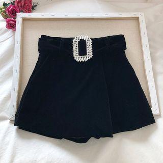 Rhinestone Buckled Wide-leg Velvet Shorts