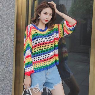 Knit 3/4-sleeve T-shirt Multicolor - One Size