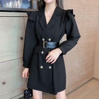 Balloon-sleeve Double-breasted Ruffled Blazer Dress