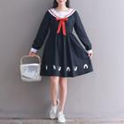Onigiri Print Long-sleeve Sailor Collar Dress
