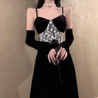 Set: Sleeveless Lace Panel Dress + Arm Sleeves