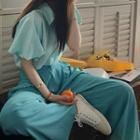 Set Of 2: Balloon-sleeve Top + Wide-leg Pants
