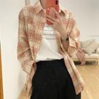 Long-sleeve Plaid Shirt Tangerine Red - One Size
