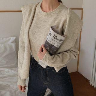 Set: Round-neck Knit Top + Tie-front Shawl