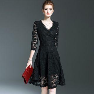 Elbow-sleeve Lace Panel V-neck Dress