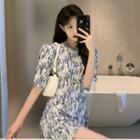 Short-sleeve Print Mini Sheath Dress Ink Blue - One Size