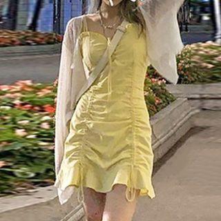 Spaghetti Strap Drawstring Mini Sheath Dress / Light Jacket