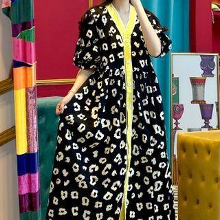 Contrast Trim Leopard Print Button Midi A-line Dress