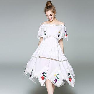 Off-shoulder A-line Embroidery Dress