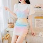 Set: Short-sleeve Mock Two-piece Sequined T-shirt + Mini Pencil Skirt