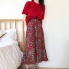 Short-sleeve Knit Top/ Floral Print Midi A-line Skirt
