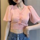 Puff-sleeve Panel Knit Crop Top