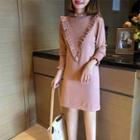 Long-sleeve Frill-trim Mini Knit Dress