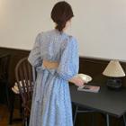Puff-sleeve Printed Midi A-line Dress Blue Floral - White - One Size