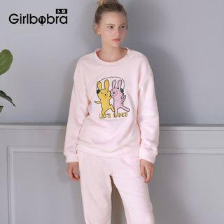 Loungewear Set: Rabbit Embroidered Flannel Pullover + Pants