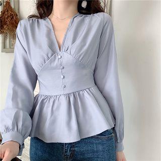 V-neck Long-sleeve Blouse Light Blue - One Size