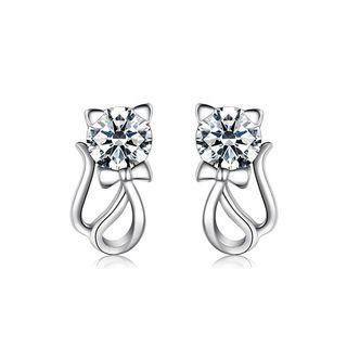 925 Sterling Silver Cat Stub Earrings With White Austrian Element Crystal