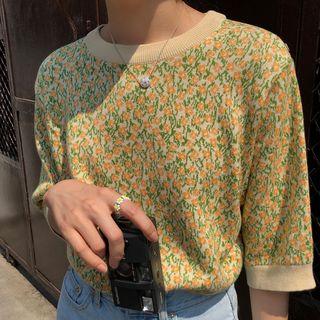 Short-sleeve Floral Knit Top As Shown In Figure - One Size