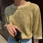 Short-sleeve Floral Knit Top As Shown In Figure - One Size