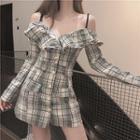 Plaid Off-shoulder Slim-fit Dress