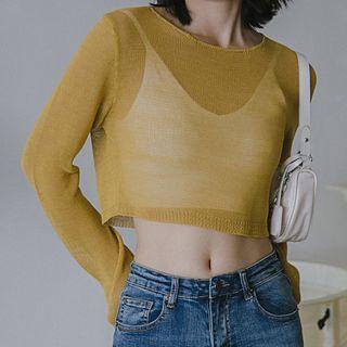 Plain Long-sleeve Sheer Knit Cropped Top