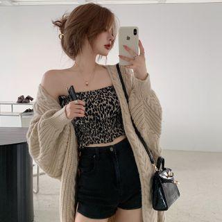 Chunky-knit Long Cardigan / Leopard Print Tube Top