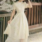 Set: Short-sleeve Lace A-line Dress + Midi Skirt