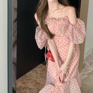 Cold-shoulder Dotted Midi Mermaid Dress