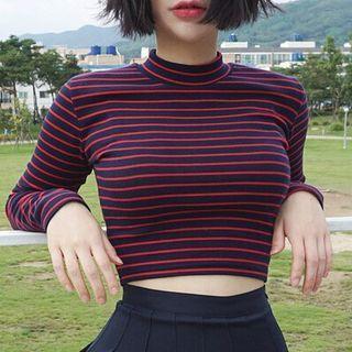 Mock-neck Long-sleeve Striped Cropped T-shirt Stripes - Red & Dark Blue - One Size