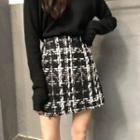 High-waist Tweed Skirt / Long-sleeve Off-shoulder Top