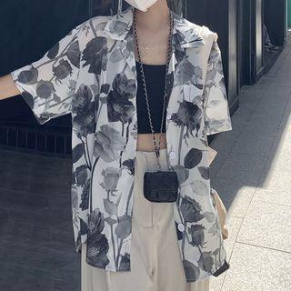 Short-sleeve Floral Blouse Rose Print - One Size
