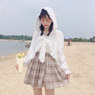 Ruffle Trim Hooded Lace-up Jacket / Plaid A-line Skirt