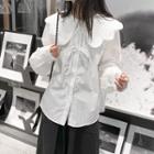 Long-sleeve Peter Pan Collar Plain Tie-strap Shirt