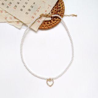 Faux Pearl Rhinestone Heart Pendant Choker 1pc - Necklace - One Size