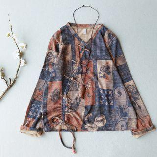 Long-sleeve Printed Frog-buttoned Knit Top