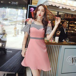 Elbow-sleeve Off Shoulder Checker A-line Mini Dress