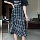 Plaid Drawstring Midi A-line Skirt