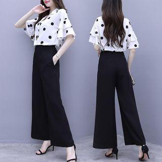 Set: Dotted Elbow-sleeve Blouse + Wide-leg Pants