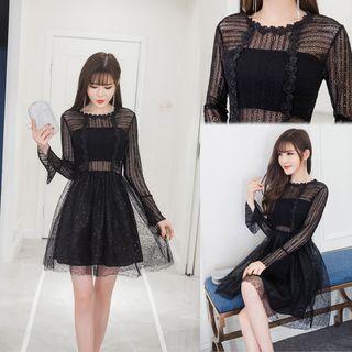 Lace Overlay Long Sleeve Dress With Bandeau
