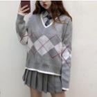 Long-sleeve Shirt / A-line Mini Pleated Skirt / Contrast Trim Sweater
