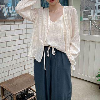 Set: Drawstring-waist Pleated Cardigan + Lace-trim Camisole