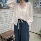 Set: Drawstring-waist Pleated Cardigan + Lace-trim Camisole