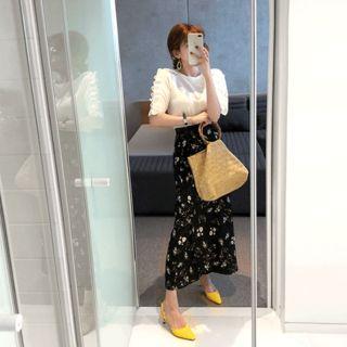 Set: Frilled-shoulder Elbow-sleeve Knit Top + Floral Long Skirt