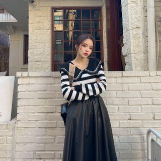 Wide-collar Stripe Knit Top
