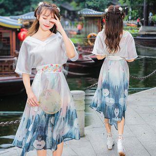Set: V-neck Short-sleeve Top + Camisole Top + Printed Midi Skirt