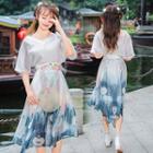 Set: V-neck Short-sleeve Top + Camisole Top + Printed Midi Skirt