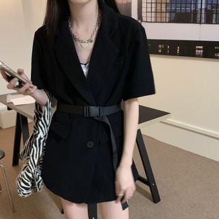 Elbow-sleeve Belted Mini A-line Blazer Dress Black - One Size